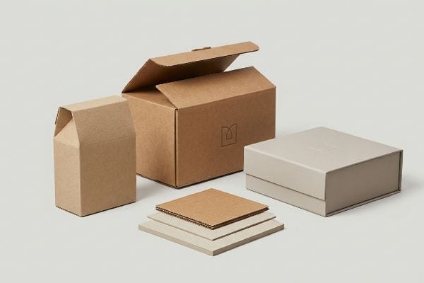Kraft paperboard gable box, open corrugated fiberboard carton with embossed logo, rigid matte board box, and material samples.