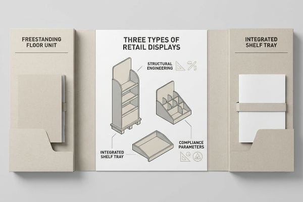 Light brown tri-fold display infographic: 'Three Types of Retail Displays'. Features Freestanding Floor Unit, Countertop POS Merchandiser, Integrated Shelf Tray, 'Structural Engineering', 'Compliance Parameters'.