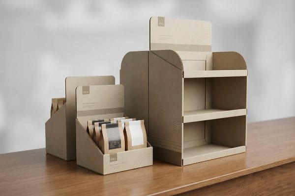 Three natural kraft cardboard PDQ displays, including a three-tier shelf and angled bins with coffee pouches, sit on a wooden counter.