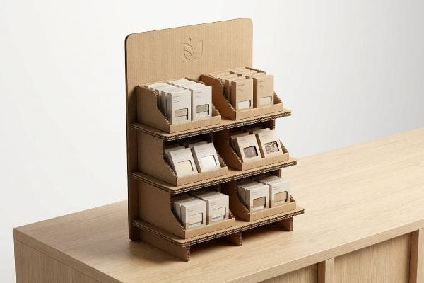 A three-tier corrugated cardboard POS display on a wooden counter, featuring light-colored product boxes in six compartments.