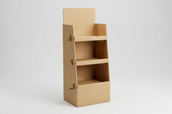 An empty three-tier corrugated cardboard display stand, ideal for retail product merchandising, stands against a clean white background.