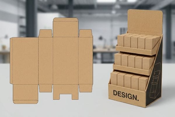 An assembled three-tier corrugated cardboard display stand filled with small boxes, alongside its flat dieline template, with 'Design.' text.