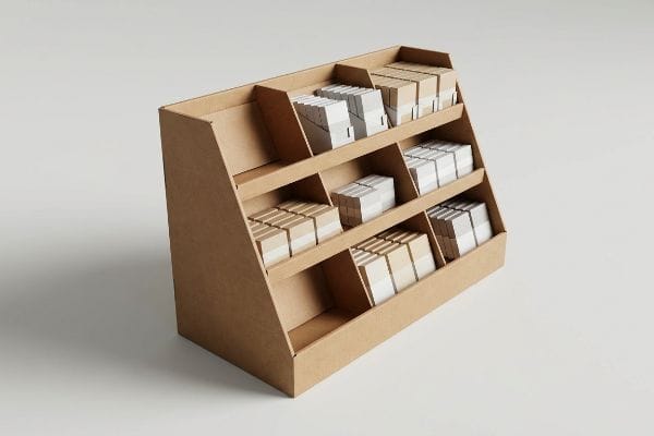 A three-tier brown cardboard retail counter display unit holds small kraft and white product boxes, optimized for impulse buys.