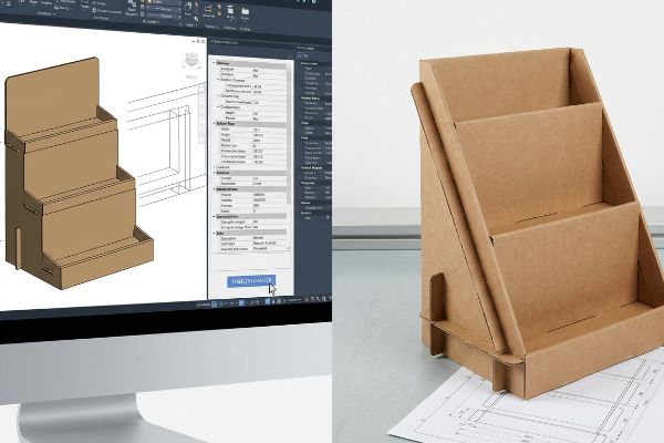 Conception d'un présentoir en carton à trois niveaux : un modèle CAO à l'écran et son prototype physique sur un plan.