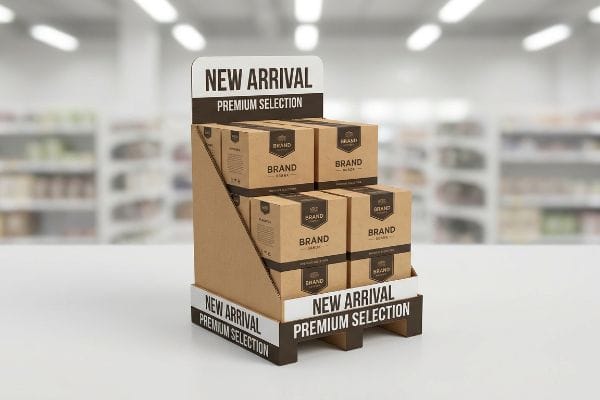 Corrugated cardboard tiered retail display showcasing 'New Arrival Premium Selection' products in branded boxes, on a white surface.