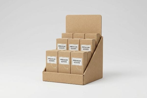 Kraft cardboard tiered display stand showcasing small boxes labeled 'Premium Goods' with arrows.