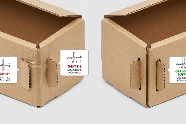 Corrugated box corners comparing Tight Fit (3mm tab, 3mm slot) stress with Optimized Buffer (3mm tab, 4mm slot) for clean assembly.