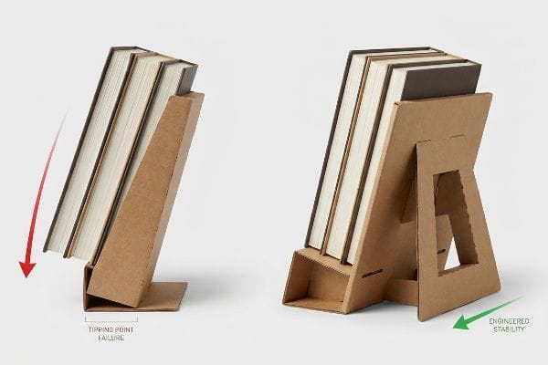 Brown corrugated cardboard book stands demonstrating Tipping Point Failure versus Engineered Stability for heavy books.