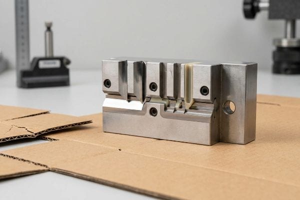 Precision-machined steel tooling block with polymer creasing channels for accurate dieline production on corrugated board.