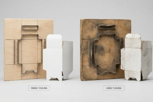 Fresh Tooling: a new die and crisp white box, contrasted with worn 'Used Tooling' and a creased, discolored box.