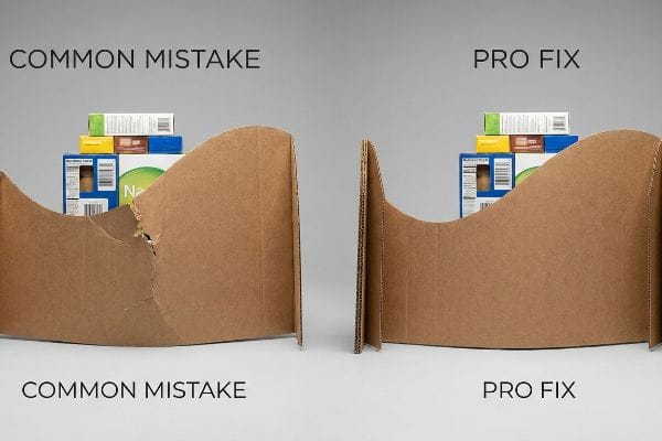 Corrugated cardboard display: Common Mistake shows a torn organic curve; Pro Fix shows a reinforced, stable structure.