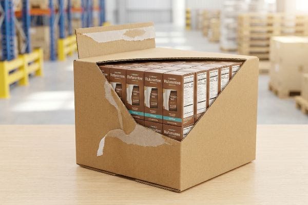 A retail-ready brown cardboard box, torn open to display Rulamattee Chocolate Malt protein drinks with Nutrition Facts in a warehouse.