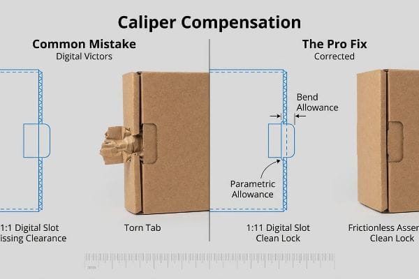 Kraft corrugated packaging comparison showing a torn tab from a 1:1 Digital Slot Missing Clearance versus a Frictionless Assembly Clean Lock with Parametric Bend Allowance.