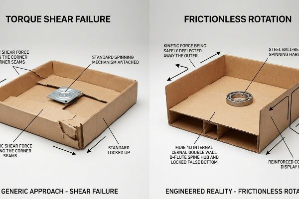 Cardboard display base with Standard Spinning Mechanism Attached, showing Torque Shear Failure, torn corner seams, and a Standard Locked Up state.
