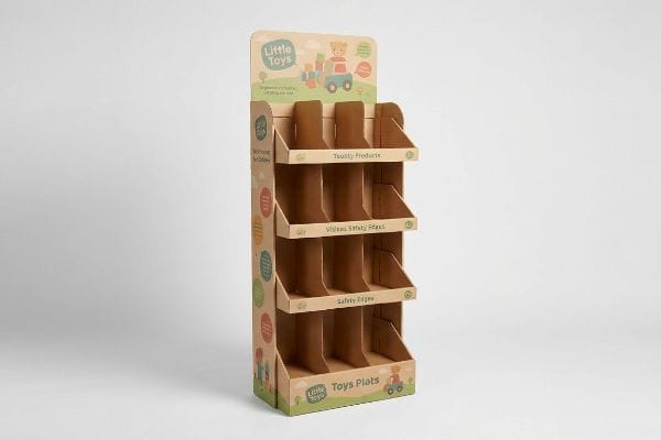 A sturdy, child-safe corrugated cardboard display stand for Little Toys, featuring four shelves with three compartments, highlighting 'Totally Products' and 'Safety Edges'.