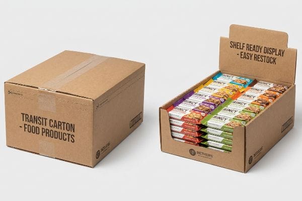 Caixa de papelão ondulado marrom para transporte de produtos alimentícios, lacrada com fita adesiva, apresentando o logotipo da Bethers e um código de barras.