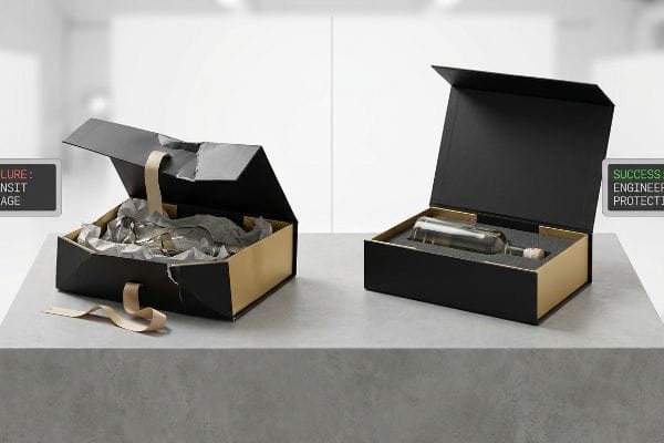Black and gold mailer boxes: one with Failure: Transit Damage and broken glass, the other with Success: Engineered Protection for a bottle.