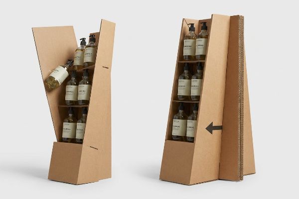 Natural brown corrugated cardboard display stand with trapezoidal back panels, showcasing shampoo bottles, one unit partially assembled, the other fully upright with a black arrow.