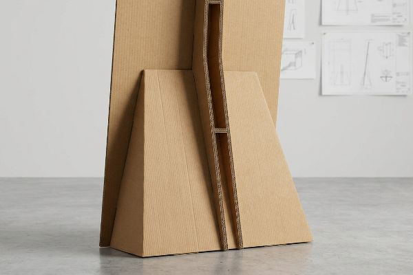Naturbraune Wellpappe bildet eine trapezförmige Basis und einen doppelwandigen Rücken für einen großen, ausgeschnittenen Ständer, der die vertikale Maserung zur Geltung bringt.