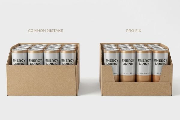 Brown corrugated cardboard trays display Energy Drink cans, contrasting a Common Mistake with high lip obscuring labels, and a Pro Fix with low lip maximizing product visibility.