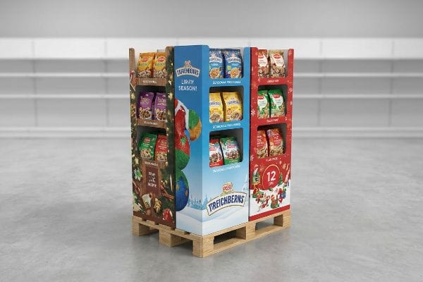 Corrugated quarter-pallet floor merchandiser showcasing Treichberns seasonal snacks, with 'Lip-Smackin' Season!' and '12 Days' branding.