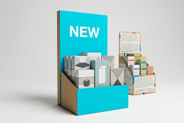 A high-contrast turquoise point-of-purchase display featuring 