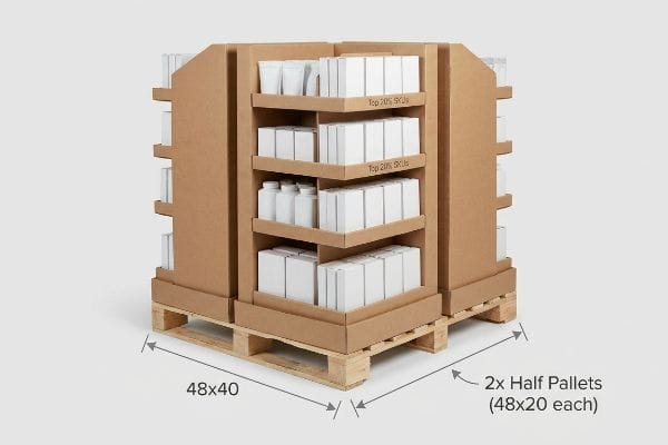 茶色の段ボール製、48×40cmのハーフパレット2枚を使用した分割パレットディスプレイ。「上位20%のSKU」とラベル付けされた商品が展示されている。.