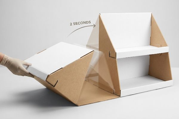 A gloved hand unfolds a white and kraft brown corrugated display, transforming into a two-tier unit in 2 SECONDS.