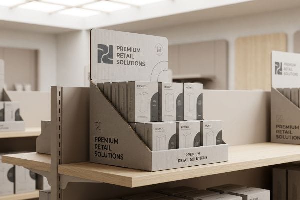 A modern retail store features a two-tier corrugated cardboard display stand branded