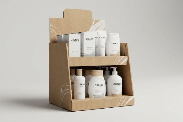 Corrugated cardboard display stand featuring two tiers of white Grenio brand cosmetic bottles, tubes, and boxes.