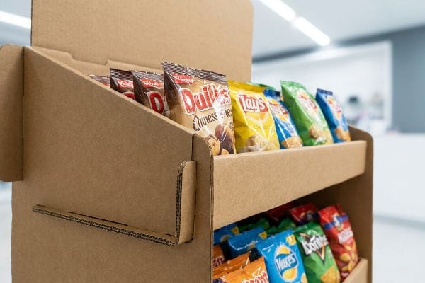 A retail store features a two-tier corrugated cardboard display filled with snack bags like Lay's and Duit's.