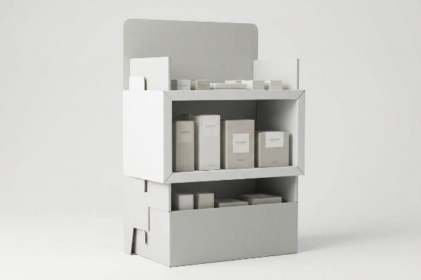 Corrugated cardboard retail display stand, two-tiered, showcasing neutral-toned product boxes on shelves.
