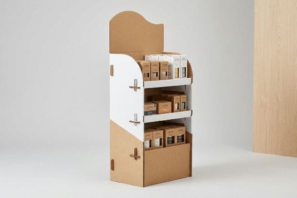 Zweifarbiger Endkappenaufsteller aus Wellpappe mit gestanztem Kopfteil zur Präsentation kleiner Produktboxen auf drei Regalböden für Verkaufsförderungszwecke.