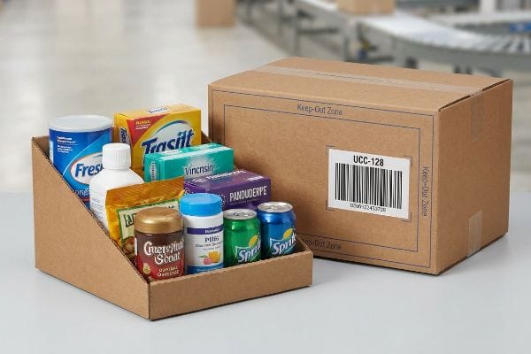 Corrugated cardboard PDQ display with consumer products next to a shipping box featuring a UCC-128 barcode and