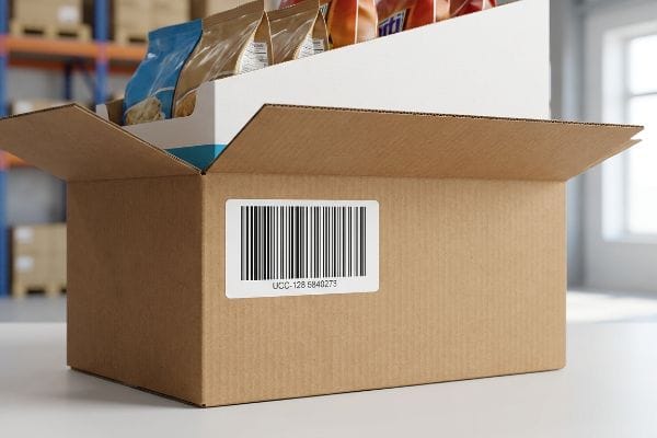 Brown corrugated master carton with an open top, revealing a white shelf-ready display of snack bags. A UCC-128 5840273 barcode label is prominently placed on the front for automated scanning.