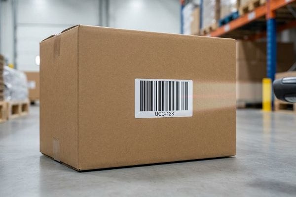 Brown corrugated master carton with a UCC-128 barcode label being scanned, crucial for distribution center compliance.