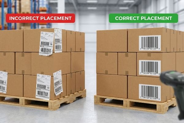 Brown cardboard boxes on pallets show incorrect versus correct UCC-128 barcode label placement for efficient scanning.