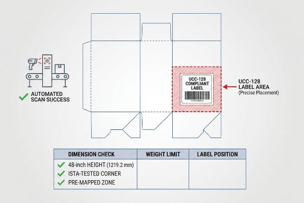 An unfolded master carton dieline shows a UCC-128 Compliant Label area, indicating precise placement for Automated Scan Success. Dimension checks include 48-inch Height, ISTA-tested Corner, and Pre-mapped Zone.