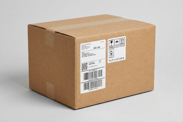 茶色の段ボール製配送箱。UCC-128ラベルにはバーコード、「壊れ物注意」および「この面を上に」の取り扱い記号、およびパッケージの寸法が記載されています。.