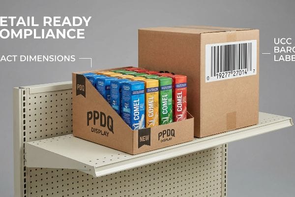Cardboard PPDQ Display with Comel products on a gondola shelf, next to a master carton with a UCC Barcode Label, demonstrating Retail Ready Compliance and Compact Dimensions.