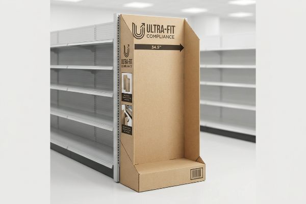 Corrugated cardboard Ultra-Fit Compliance display unit with 34.5-inch width, positioned in a retail aisle, showing a UCC-128 barcode.