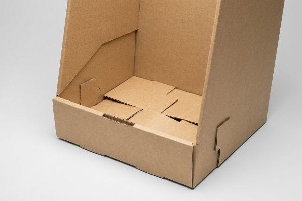 An empty, unassembled brown corrugated cardboard PDQ display unit stands ready for product merchandising.