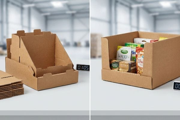 Unassembled brown corrugated PDQ display tray with flat-pack pieces and a digital timer showing 01:05, highlighting manual setup time.