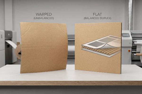 Brown corrugated cardboard panels: a Warped (Unbalanced) sheet next to a Flat (Balanced Duplex) sheet, showing structural integrity.