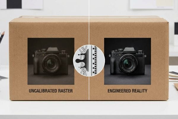 Brown cardboard box comparing Uncalibrated Raster's blurry camera to Engineered Reality's sharp photorealism, illustrating ink dot gain and prepress compensation.
