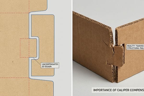 Corrugated cardboard dieline with an Uncompensated 2D Design for an interlocking tab, contrasted with the 3D reality of Tearing and Structural Failure from lack of Caliper Compensation.