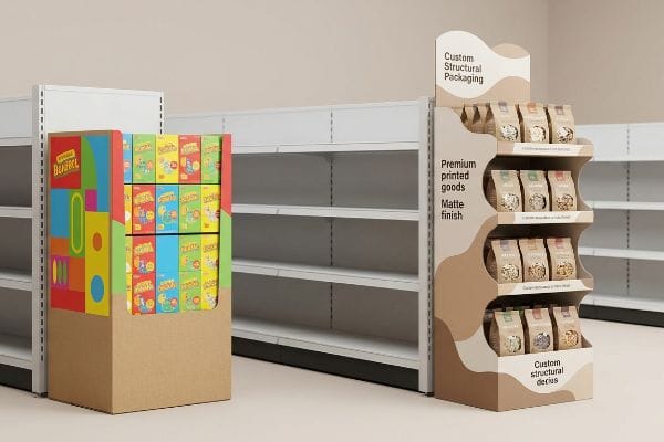 Brown cardboard custom structural packaging displays, one with colorful Blazebel boxes, the other with undulating shapes, premium printed goods, and matte finish.