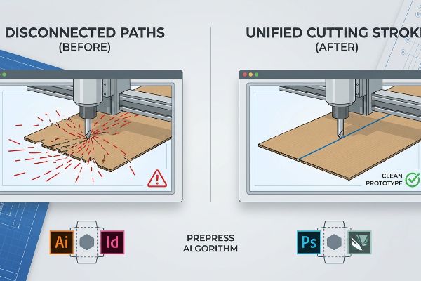 El algoritmo de preimpresión unifica trayectorias desconectadas para obtener prototipos limpios de cartón ondulado mecanizados por CNC.