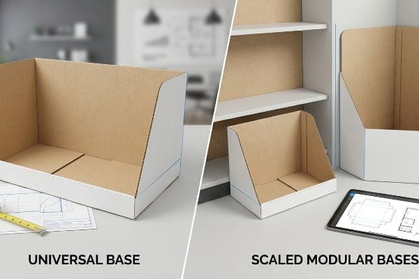 Corrugated display bases, featuring a Universal Base with blueprints and smaller Scaled Modular Bases with digital design schematics.