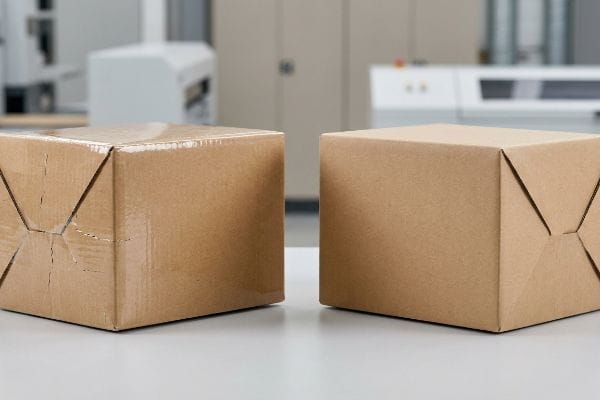 Two plain brown corrugated cardboard boxes, closed and ready for packaging or shipping, on a light surface.
